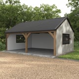 Trapezblech T7M Wand Grauweiß RAL 9002, 0,50 mm Stahl, an einer Garage mit Holzkonstruktion verbaut