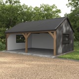 Trapezblech T7M Wand Graualuminium RAL 9007 an einem Carport mit Holzkonstruktion und schwarzem Dach