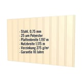 Trapezblech T7M Wand Hellelfenbein RAL 1015, 0,75 mm Stahl, mit eingeblendeten Eckdaten