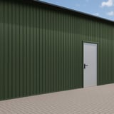 Trapezblech T7M Wand, Chromoxidgrün RAL 6020, an einer Gebaeudefassade mit weisser Tuer