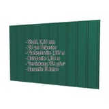 Trapezblech T7M Wand Moosgrün RAL 6005 mit eingeblendeten Eckdaten zu Material, Stärke und Beschichtung