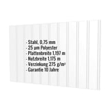 Trapezblech T7M Wand Lichtgrau mit eingeblendeten Eckdaten wie Material, Staerke und Beschichtung