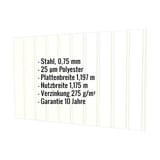 Trapezblech T7M Wand Grauweiß RAL 9002, 0,75 mm, mit eingeblendeten Eckdaten zu Material und Maßen