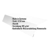 Traufenblech Aluzink, 0,50 mm Stahl, mit eingeblendeten Eckdaten zu Material und Wasserableitung