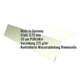 Traufenblech Grauweiß RAL 9002, 0,75 mm Stahl, 50 µm PURLAK, mit eingeblendeten Eckdaten