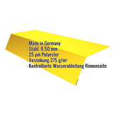Traufenblech Rapsgelb RAL 1021, 0,50 mm Stahl, mit eingeblendeten Eckdaten zu Material und Beschichtung