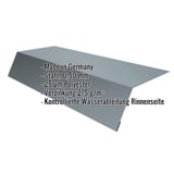 Traufenblech Fehgrau RAL 7000 aus Stahl 0,50 mm mit 25 µm Polyesterbeschichtung und eingeblendeten Eckdaten