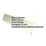 Traufenblech Grauweiß RAL 9002 aus Stahl 0,50 mm, mit eingeblendeten Eckdaten zu Material und Beschichtung