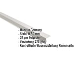 Traufenblech Weißaluminium mit eingeblendeten Eckdaten: Stahl 0,50 mm, 25 µm Polyester, Verzinkung 275 g/m²