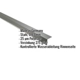 Traufenblech Stahl 0,63 mm Chromoxidgrün mit eingeblendeten Eckdaten Made in Germany, Verzinkung 275 g/m²
