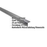 Traufenblech anthrazitgrau, 0,63 mm Stahl, mit eingeblendeten Eckdaten zu Material und Funktion