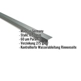 Traufenblech Stahl moosgrün, 0,50 mm, mit eingeblendeten Eckdaten zu Material und Beschichtung