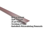 Traufenblech Weinrot RAL 3005 mit eingeblendeten Eckdaten zu Material, Staerke und Beschichtung
