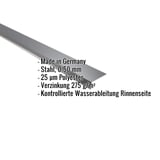 Traufenblech Anthrazitgrau mit eingeblendeten Eckdaten: Stahl, 0,50 mm, 25 µm Polyester, Verzinkung 275 g/m²