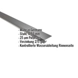 Traufenblech Tiefschwarz RAL 9005, 0,50 mm Stahl, mit eingeblendeten Eckdaten und Merkmalen