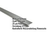 Traufenblech Chromoxidgrün (RAL 6020) mit eingeblendeten Eckdaten zu Material, Stärke und Beschichtung