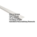 Traufenblech Grauweiß RAL 9002 mit eingeblendeten Eckdaten zu Material, Stärke und Beschichtung