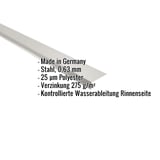 Traufenblech Weißaluminium 0,63 mm mit eingeblendeten Eckdaten wie Material, Stärke und Beschichtung