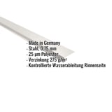 Traufenblech Stahl 0,75 mm Grauweiß mit eingeblendeten Produktdetails wie Material, Stärke und Beschichtung