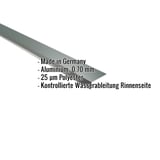 Traufenblech Aluminium Moosgrün, 0,70 mm, mit eingeblendeten Eckdaten und Hinweis auf Wasserableitung