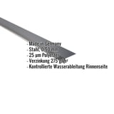 Traufenblech Anthrazitgrau 0,50 mm, schraeg von oben, mit eingeblendeten Eckdaten zu Material und Beschichtung