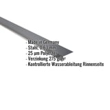 Traufenblech Anthrazitgrau, 0,63 mm Stahl, mit eingeblendeten Eckdaten zu Material und Wasserableitung
