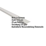 Traufenblech Weißaluminium mit eingeblendeten Eckdaten: Stahl 0,75 mm, 25 µm Polyester, Verzinkung 275 g/m²