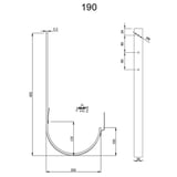 Technische Zeichnung Universal Rinnenhalter Feder/Feder mit Massangaben fuer 190 mm Rinnengroesse