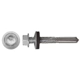 Verzinkte Schraube mit Sechskantkopf, Unterlegscheibe und Dichtung, Bohrspitze, Farbe Weißaluminium RAL 9006