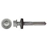 Verzinkte Schraube, Sechskantkopf mit Dichtscheibe, Bohrspitze, Seiten- und Draufsicht, Graualuminium RAL 9007