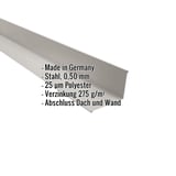 Wandanschluss aus lichtgrauem Stahl, 0,50 mm, mit 25 µm Polyesterbeschichtung und eingeblendeten Eckdaten