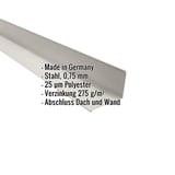 Wandanschluss aus Stahl, Grauweiß RAL 9002, 0,75 mm Stärke, mit eingeblendeten Eckdaten