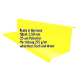 Wandanschluss Typ 1, Rapsgelb RAL 1021, mit eingeblendeten Eckdaten zu Material und Beschichtung