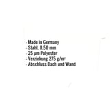 Infografik mit Eckdaten: Stahl 0,50 mm, 25 µm Polyester, Verzinkung 275 g/m², Abschluss Dach und Wand