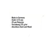 Infografik: Liste der Eckdaten wie Material Stahl 0,75 mm, 25 µm Polyesterbeschichtung und Anwendungsbereich Dach und Wand