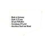 Infografik: Eckdaten des Wandanschlusses, Stahl 0,75 mm, 50 µm PURLAK Beschichtung, Verzinkung 275 g/m², Made in Germany