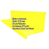 Wandanschluss Typ 2, Rapsgelb RAL 1021, mit eingeblendeten Eckdaten zu Material, Staerke und Beschichtung