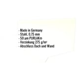 Infografik: Eckdaten Wandanschluss Stahl 0,75 mm, 50 µm PURLAK, Verzinkung 275 g/m², Abschluss Dach und Wand