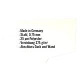 Infografik: Wandanschluss Typ 3 aus Stahl, 0,75 mm, 25 µm Polyesterbeschichtung, Verzinkung 275 g/m², Abschluss Dach und Wand