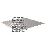 Wellblech 18/1064 Graualuminium mit eingeblendeten Eckdaten zu Material, Beschichtung und Massen