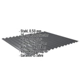 Wellblech 18/1064 dunkelgrau, Stahl 0,50 mm, mit eingeblendeten Eckdaten zu Material und Massen