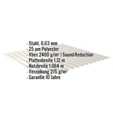 Wellblech 18/1064, Stahl 0,63 mm, Polyester 25 µm, Vlies 2400 g/m², Eckdaten eingeblendet