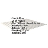 Wellblech 18/1064, Weißaluminium, mit eingeblendeten technischen Daten wie Material, Stärke und Beschichtung
