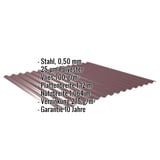 Wellblech 18/1064 weinrot, Stahl 0,50 mm, Polyester 25 µm, Vlies 700 g/m², mit eingeblendeten Eckdaten