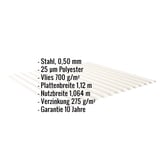 Wellblech Reinweiß, Infografik mit Eckdaten: Stahl 0,50 mm, 25 µm Polyester, Vlies 700 g/m², Plattenbreite 1,12 m,