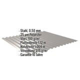 Wellblech 18/1064 Graualuminium mit eingeblendeten Eckdaten zu Material, Staerke und Beschichtung