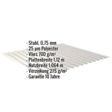 Wellblech 18/1064, Weißaluminium, mit eingeblendeten Eckdaten zu Material, Stärke, Beschichtung und Maßen