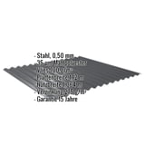 Wellblech 18/1064 dunkelgrau mit eingeblendeten Eckdaten: Stahl, 0,50 mm, Mattpolyester, Vlies 700 g/m²