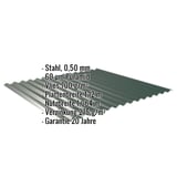Wellblech 18/1064, moosgrün, Stahl 0,50 mm, Puramid-Beschichtung, Vlies 700 g/m², Eckdaten eingeblendet