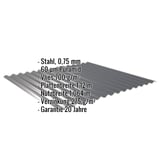 Wellblech 18/1064 anthrazitgrau, Stahl 0,75 mm mit Puramid Beschichtung und Anti-Tropf Vlies, Eckdaten eingeblendet